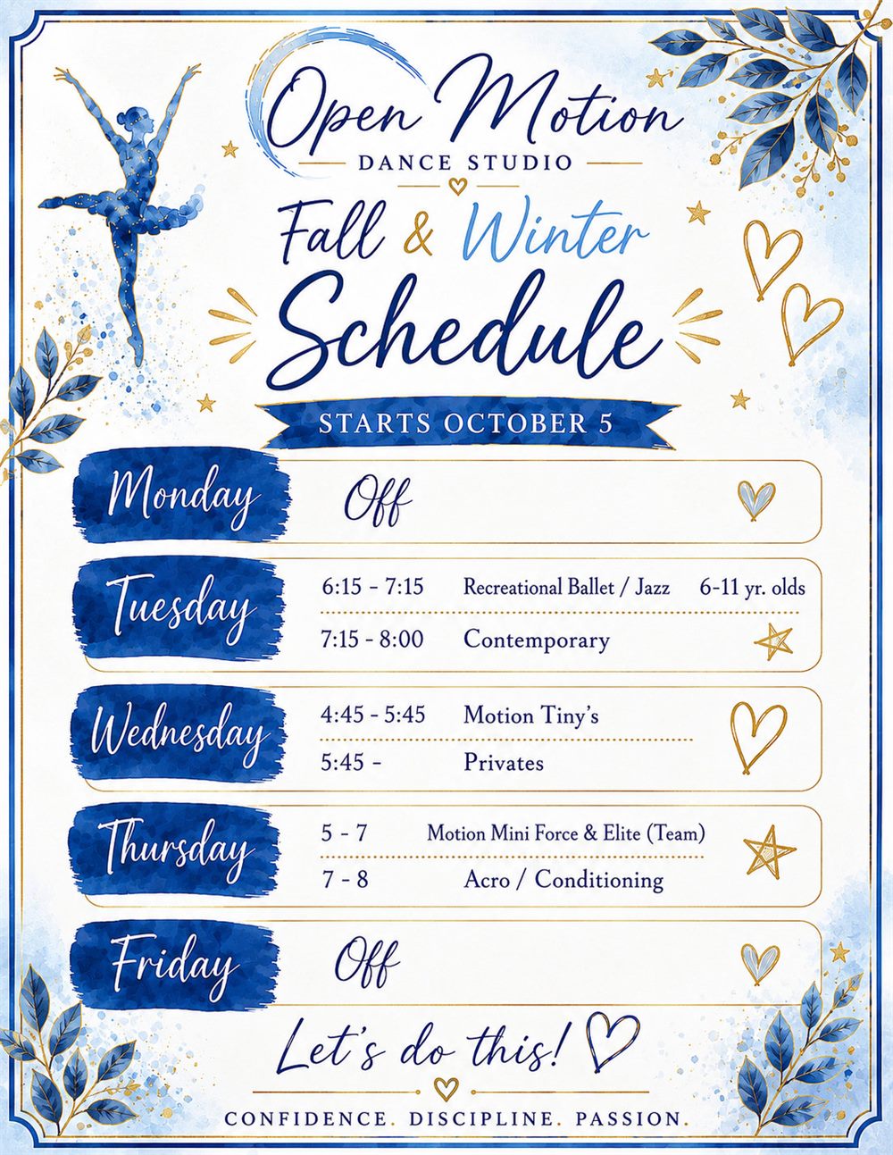 Fall & Winter 2026 schedule flyer for Open Motion Dance Studio, listing every class by day and time. The same information appears above as text.